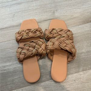 Braided camel flats with gold chain intertwined, size 42, worn once